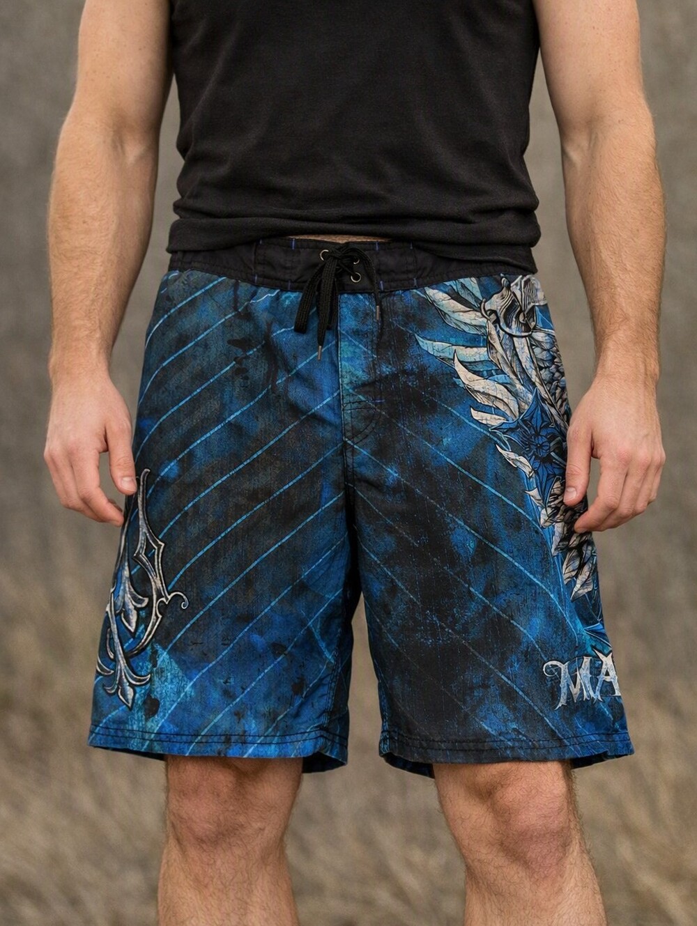 MMA Board Shorts Men's Large Blue Black Mesh Swim Trunks Beach Summer Lined